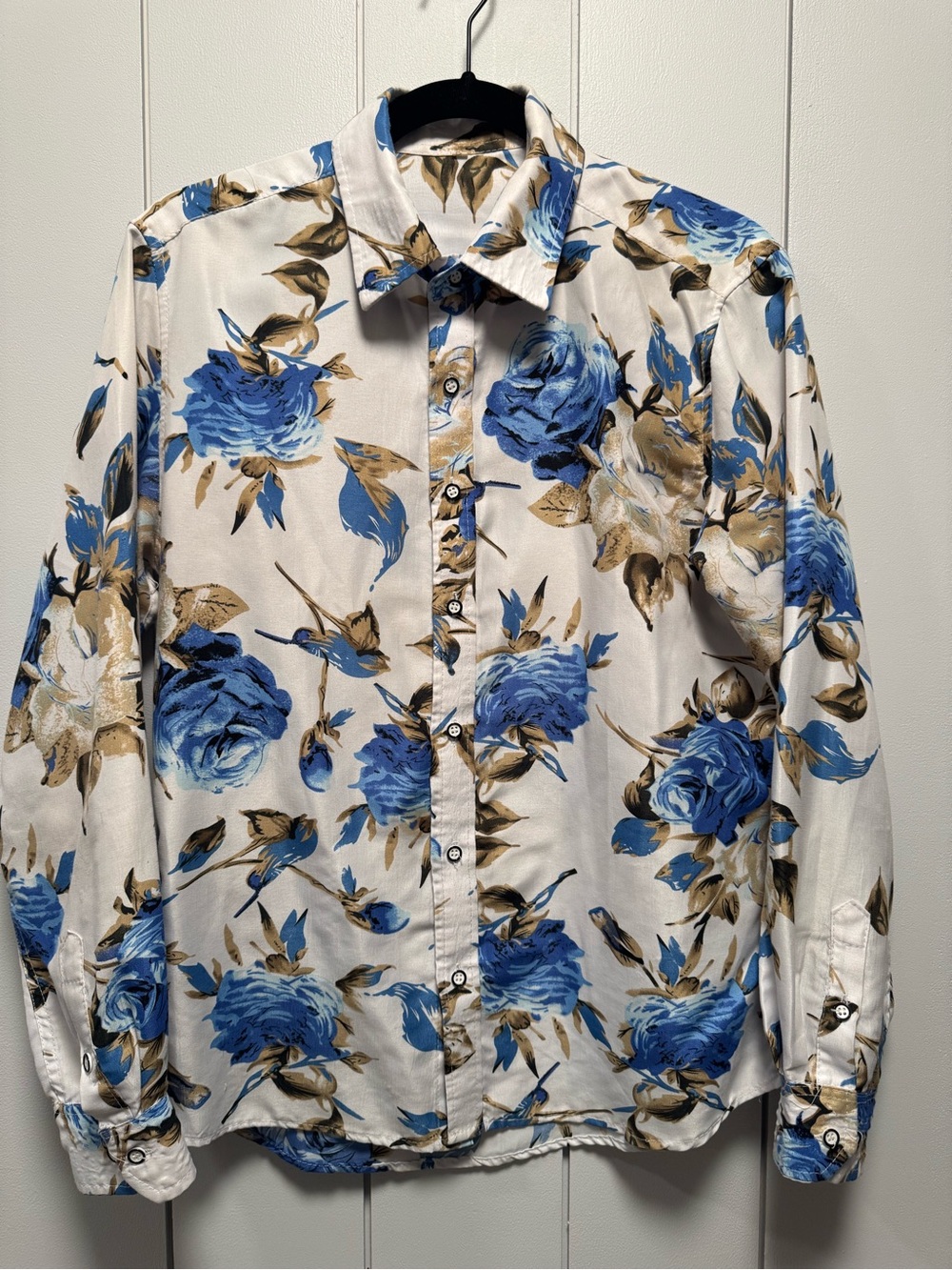 Men's White Floral Button-Up Shirt with Blue Rose Print